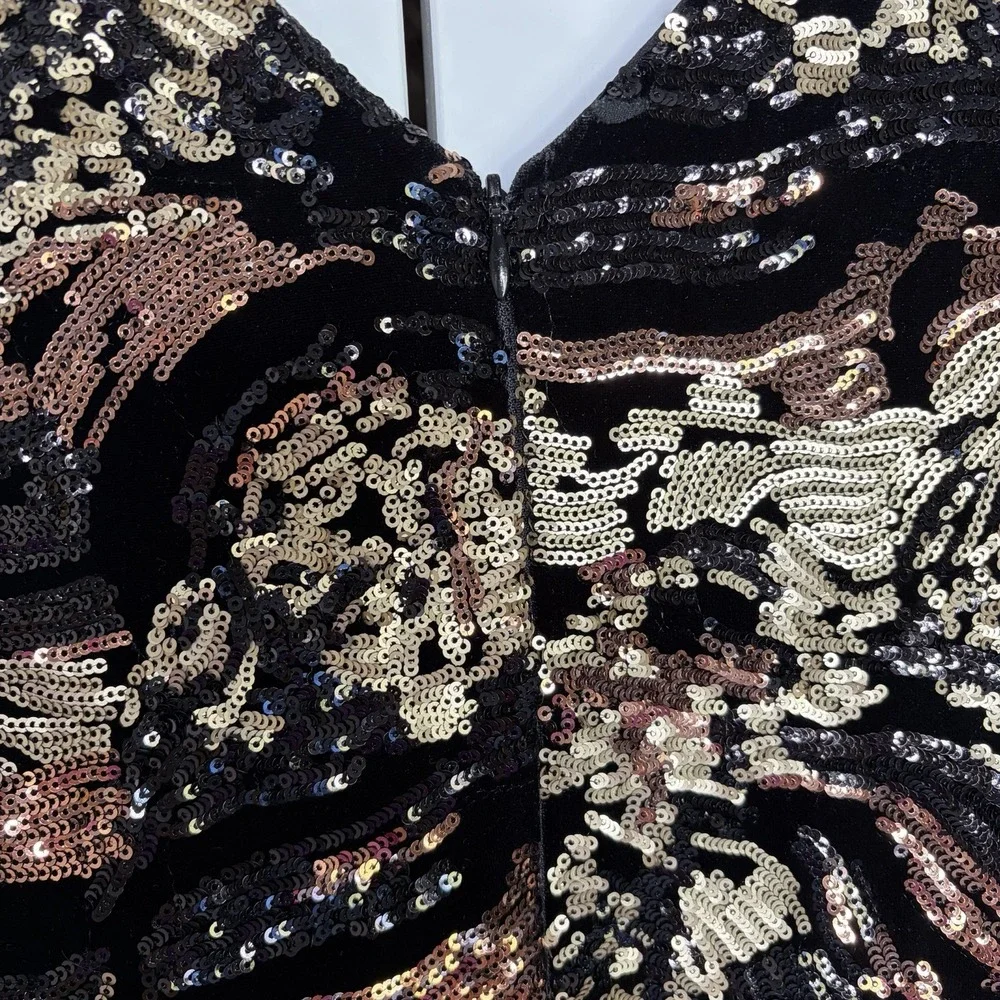 Dress the Population Black Gold Sequin Velvet V-Neck Cap Sleeve Sheath Midi Glam - Picture 8 of 12